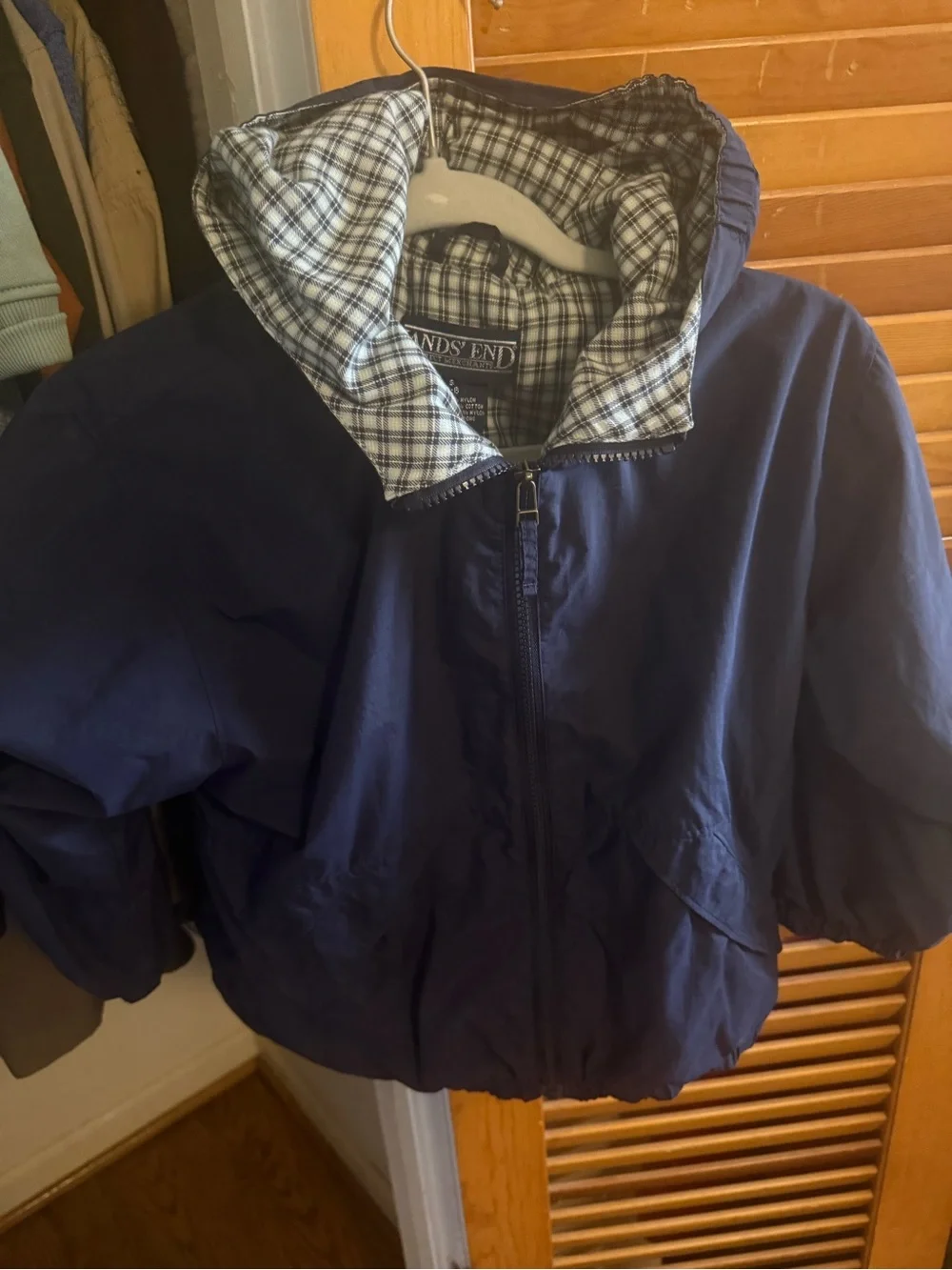 Lands' End Navy Windbreaker Jacket with Plaid Lining